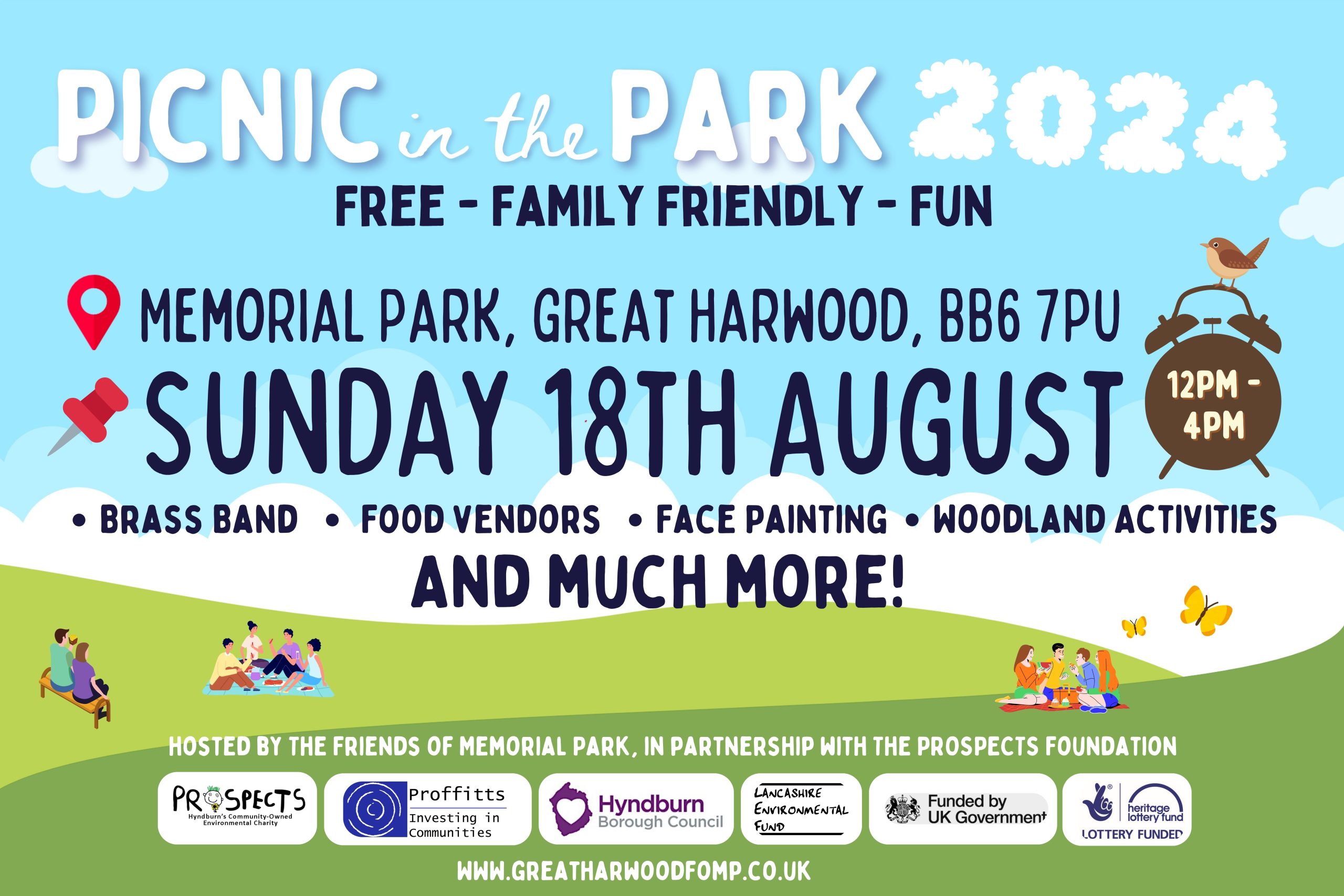 Blue sky background with clouds and green grassy hills at bottom with groups of people sat atop. White and black text detailing picnic in the park event at Memorial park. Partner logos along bottom.