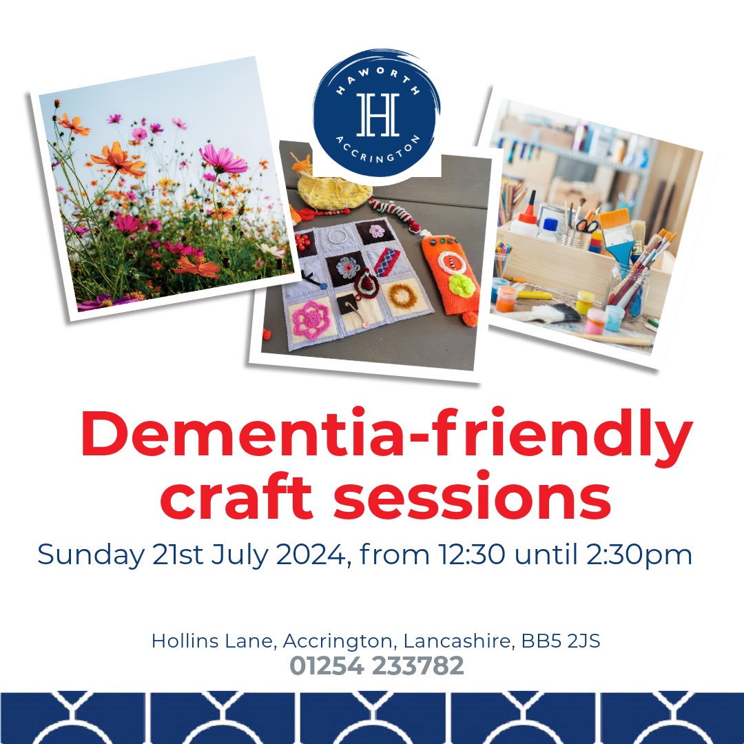White background with navy mosaic pattern along bottom & 3 photos in white frames of wild flowers, dementia fidget toys, and arts and craft supplies. Red and navy text detailing Haworth Art Gallery dementia craft sessions. Haworth Art Gallery navy and white logo top centre.